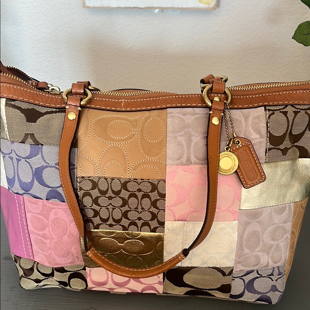 Coach Brown and Pink Shoulder Bag with Signature Patchwork Design